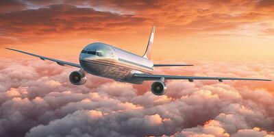 passageiros comercial avião vôo acima nuvens , pôr do sol, generativo ai foto