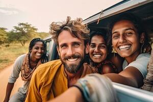 selfie, amizade e carro estrada viagem ou natureza safári feriado viagem dentro Índia juntos feliz para aventura. , generativo ai foto