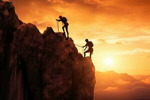 trabalho em equipe casal escalada ajudando em topo do penhasco às pôr do sol , generativo ai foto