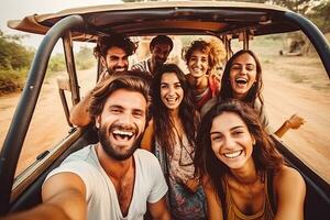 selfie, amizade e carro estrada viagem ou natureza safári feriado viagem dentro África juntos feliz para aventura. generativo ai foto