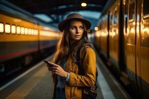 lindo jovem mulher com uma mochila usa a telefone enquanto em pé perto a Ferrovia trem em a plataforma , generativo ai foto