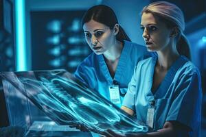 dois docter mulheres médico médicos olhando às raios X dentro uma hospital, generativo ai. foto