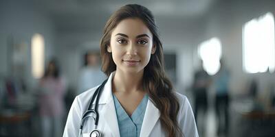 sorridente fêmea sul americano médico em pé dentro hospital, cópia de espaço publicidade , generativo ai. foto