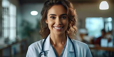 sorridente fêmea sul americano médico em pé dentro hospital, cópia de espaço publicidade mensagem , generativo ai. foto