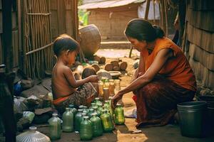 Ásia mãe ensina dela criança para separado garrafas a partir de lixo, reciclado garrafas dentro frente do a casa durante dia, país local , generativo ai foto