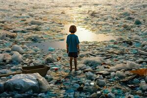 criança olhando às uma muitos do plástico desperdício dentro a água, gerador ai . foto