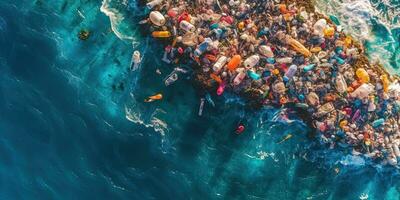 lixo a partir de plástico garrafas dentro a mar , topo Visão , generativo ai foto