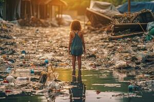 criança olhando às uma muitos do plástico desperdício dentro a água, gerador ai . foto