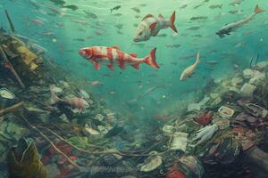 morto muitos peixe dentro a água entre plástico garrafas e lixo, conceito poluição do natureza e água corpos , generativo ai foto
