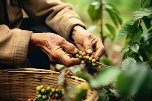 fechar acima mão velho homem colheita café a partir de uma café plantação dentro sul América , generativo ai foto