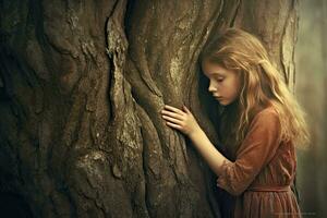 uma jovem mulher lindo abraçando uma árvore com amor , generativo ai. foto