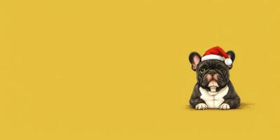 fofa francês buldogue com uma papai noel chapéu em uma amarelo fundo com espaço para espaço de cópia, generativo ai. foto