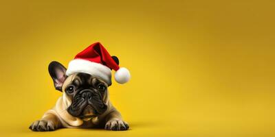 fofa francês buldogue com uma papai noel chapéu em uma amarelo fundo com espaço para espaço de cópia, generativo ai. foto