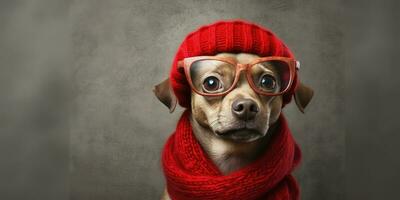 fofa cachorro vestido dentro uma vermelho cachecol e chapéu com espaço para , cópia de espaço , , generativo ai. foto