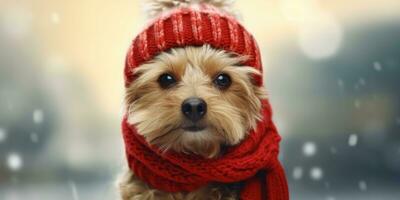 fofa cachorro vestido dentro uma vermelho cachecol e chapéu com espaço para , cópia de espaço , , generativo ai. foto