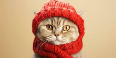 fofa gato vestido dentro uma vermelho cachecol e chapéu com espaço para , cópia de espaço , generativo ai. foto