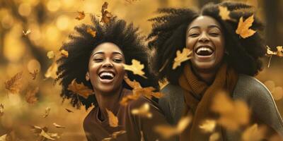 feliz jovem africano americano mulheres jogando dentro a outono folhas com espaço para copyspace para texto , generativo ai. foto