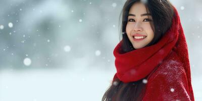 feliz jovem ásia mulher dentro uma vermelho cachecol dentro a neve com espaço para copyspace , generativo ai. foto