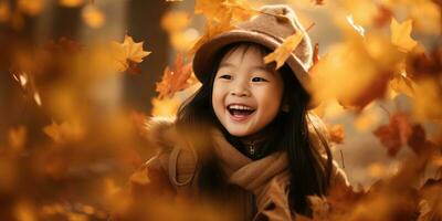 feliz Ásia jovem menina jogando dentro a outono folhas com espaço para copyspace para texto , generativo ai. foto
