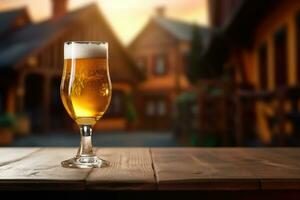 vidro do Cerveja em uma de madeira mesa contra a pano de fundo do enxaimel casas ,cópia de espaço , generativo ai foto