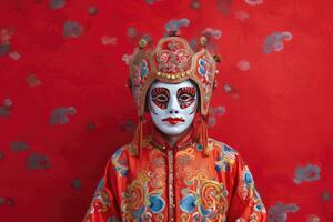 Ásia homem às festival vestindo tradicional chinês mascarado fantasia, dentro chinês Novo ano festival , cópia de espaço , generativo ai foto