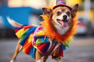 uma engraçado cachorro dentro uma multicolorido traje é dançando às a brasileiro carnaval , generativo ai foto