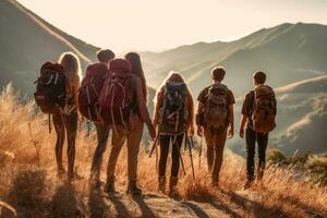 uma grupo do jovem amigos explorando a ótimo ao ar livre, generativo ai foto