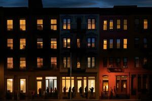 apartamentos com silhuetas do pessoas dentro a janelas às noite. , generativo ai foto