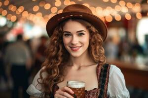 lindo mulher segurando cerveja, oktoberfest, Munique, fundo ,cópia de espaço , generativo ai foto