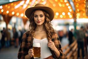 lindo mulher segurando cerveja, oktoberfest, Munique, fundo ,cópia de espaço , generativo ai foto