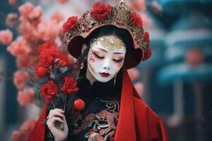 Ásia mulher às festival vestindo tradicional chinês mascarado fantasia, dentro chinês Novo ano festival , cópia de espaço , generativo ai foto