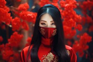 Ásia mulher às festival vestindo tradicional chinês mascarado fantasia, dentro chinês Novo ano festival , cópia de espaço , generativo ai foto