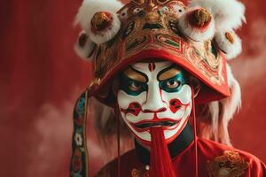 Ásia homem às festival vestindo tradicional chinês mascarado fantasia, dentro chinês Novo ano festival , cópia de espaço , generativo ai foto