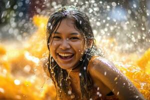 jovem adulto mulher é em período de férias songkran água festival Tailândia, generativo ai foto