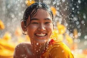 jovem adulto mulher é em período de férias songkran água festival Tailândia, generativo ai foto