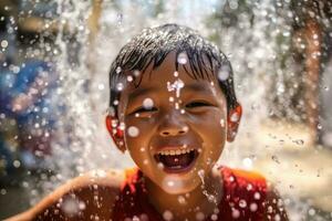 fechar acima Garoto é em jogando água , songkran água festival Tailândia , generativo ai foto