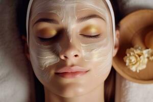 fechar acima face lindo mulher dentro mascarar em face dentro spa beleza salão , generativo ai. foto