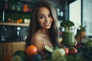 jovem mulher preparando uma saudável batido dentro a cozinha, generativa ai. foto