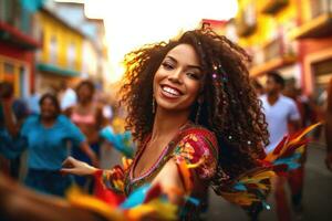 uma lindo mulher dançando em a ruas durante brasileiro carnaval , generativo ai foto