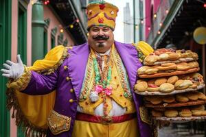 colorida fantasiado homem com rei bolos , Novo orlean mardi gras, generativo ai foto