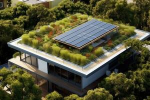 moderno verde cobertura adornado com vibrante plantas, complementado, verde alternativo energia conceito, gerador ai. foto