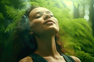 fechar acima face mulher com olhos fechadas em fundo do verde folhas parede., relaxado e confiante, generativo ai. foto