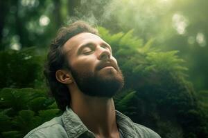 uma homem relaxado respiração fresco ar dentro uma verde floresta às natural , generativo ai. foto