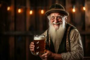 Senior homem segurando cerveja, oktoberfest plano de fundo, generativo ai foto