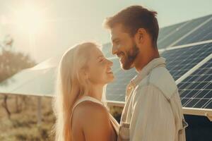 casal com solar painel em uma ensolarado dia, verde alternativo energia conceito, gerador ai. foto