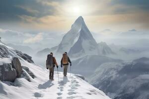 casal alpinistas escalar a montanhas dentro inverno , generativo ai foto