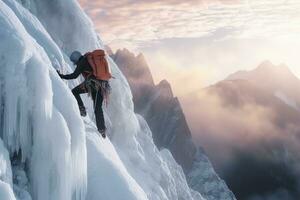 alpinistas escalar a montanhas dentro inverno , generativo ai foto