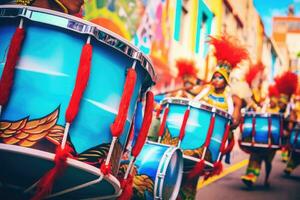 carnaval música reproduziu em bateria de colorida vestido músicos , generativo ai foto