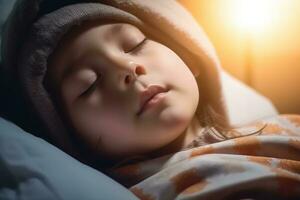 uma criança paciente dormindo em cama dentro hospital ala. saúde Cuidado , generativo ai. foto