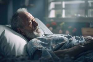velho anos homem paciente dormindo em cama dentro hospital ala. saúde Cuidado , generativo ai. foto